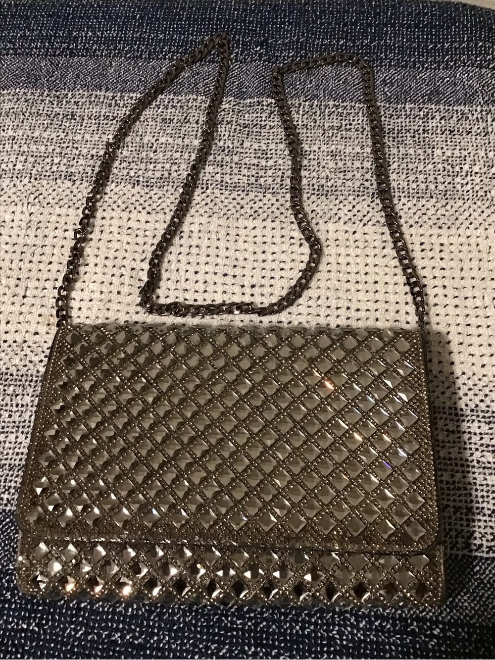 Crystal Embellished Metallic Silver Crossbody Bag with Chain Strap